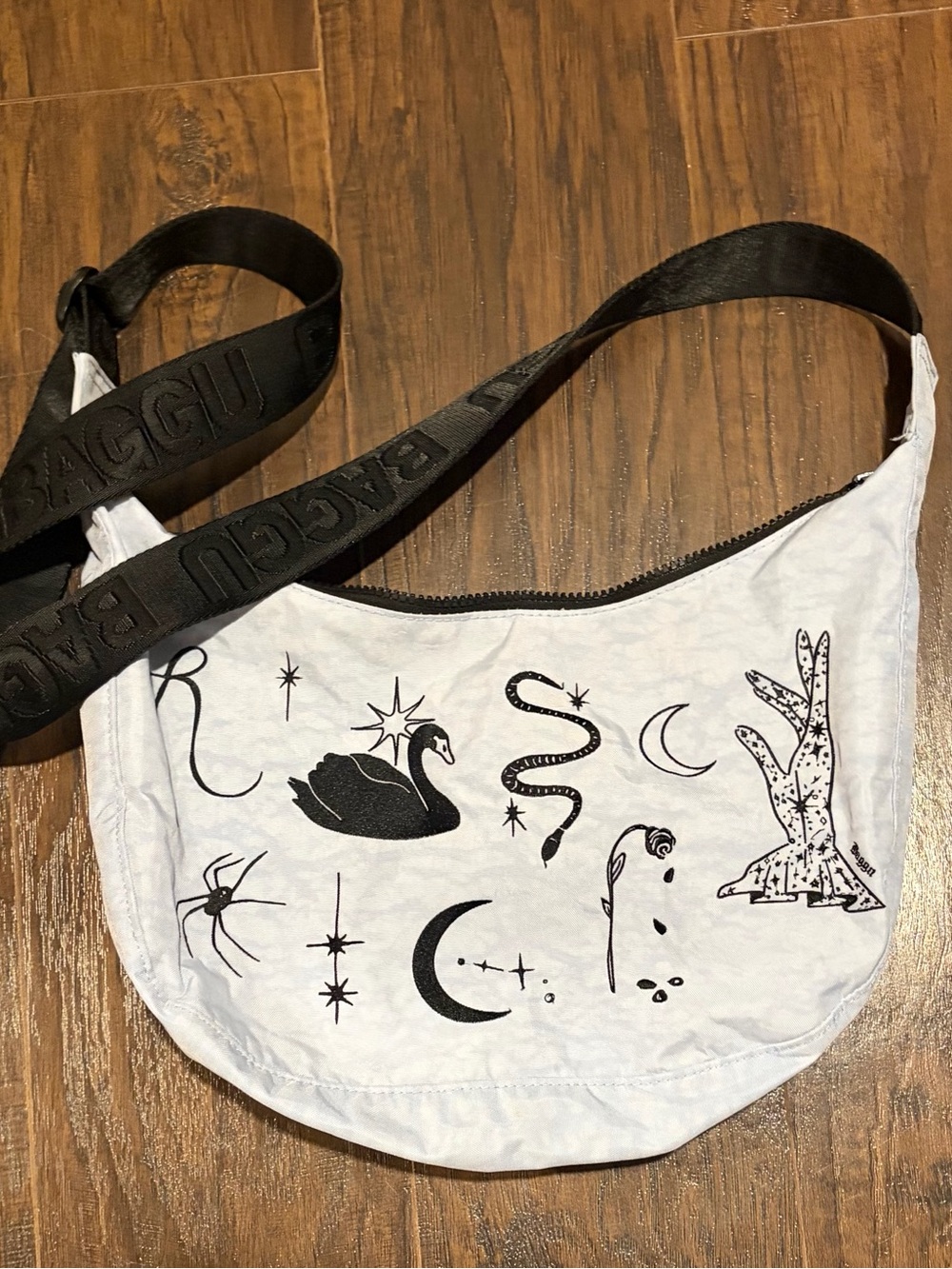 Baggu Crescent Bag with Black Strap: Embroidered Ballet Icons